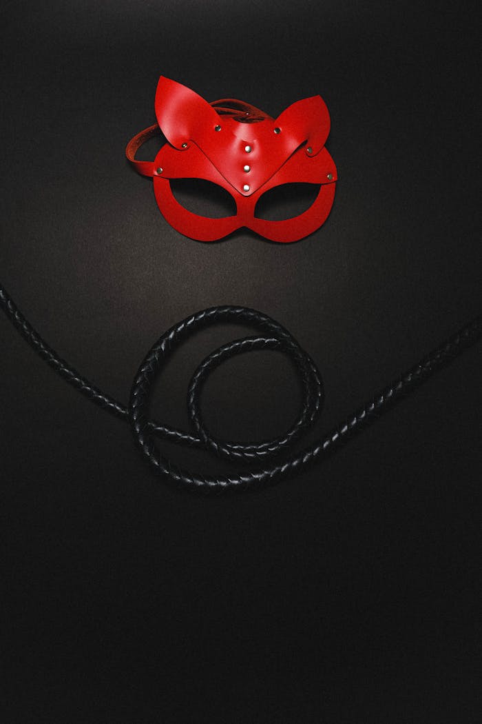 about-us-02 A red leather mask paired with a black whip, evoking themes of mystery and sensuality.